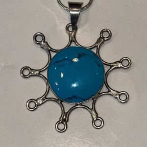 Vtg sterling silver 925 Taxco,Mexico necklace & pendant turquoise sunburst 23g